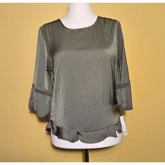 Apt 9 Womens Olive Green 3/4 Bell Sleeve Crew Neck Blouse Top Med Boho RN73277 - Picture 1 of 9